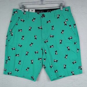 NWT PLUGG Shorts Men's 34 Flat Front Teal Frenchie French Bulldog Stretch